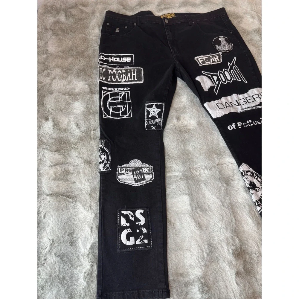 Grindhouse Denim Mens Black Graphic Patch Punk Streetwear Jeans Size 44x30-0592